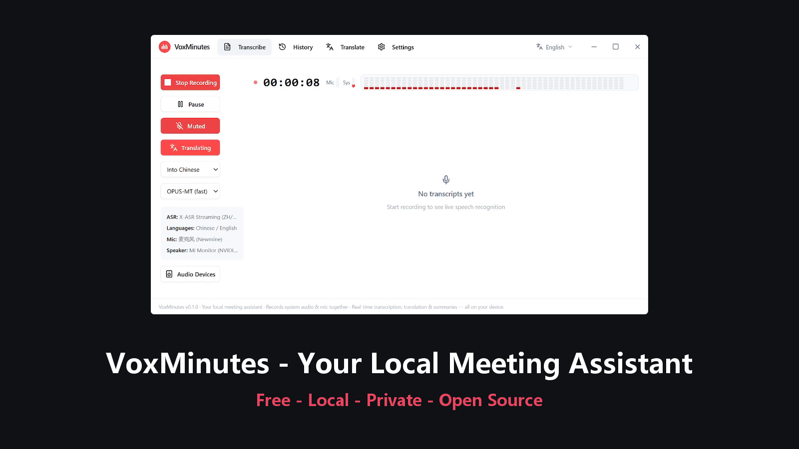 VoxMinutes real-time transcription interface
